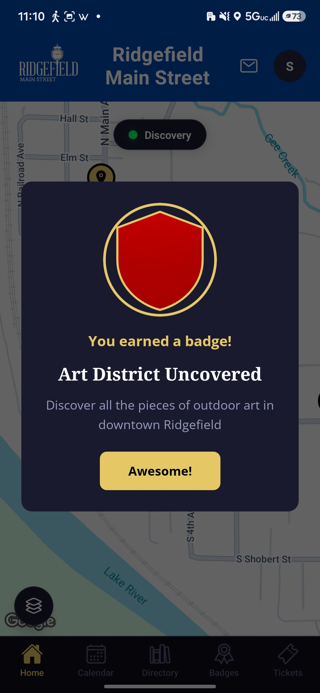 Ridgefield Main Street app - an Art District badge earned by exploring downtown