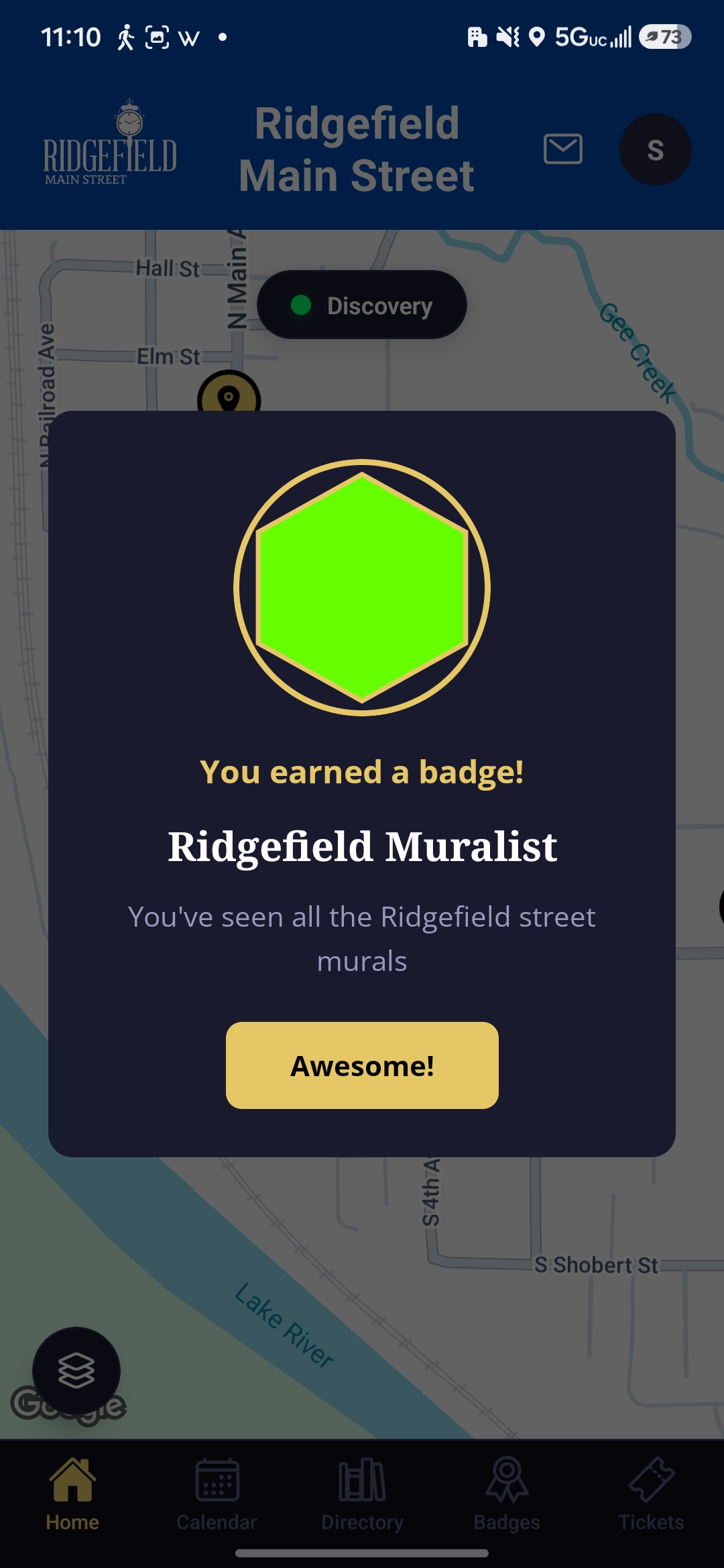 Ridgefield Main Street app - a Muralist badge earned by exploring downtown