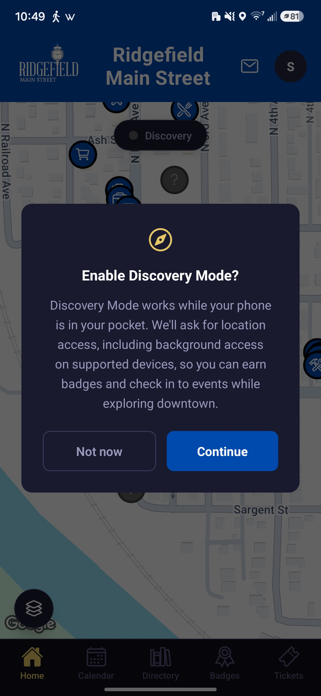 Ridgefield Main Street app - location discovery with a clear consent prompt