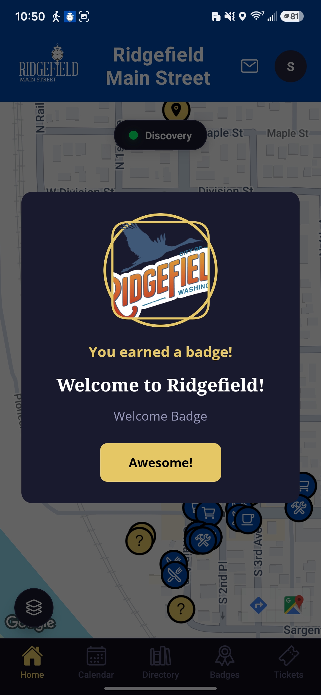 Ridgefield Main Street app - downtown map with member business pins and a Welcome badge