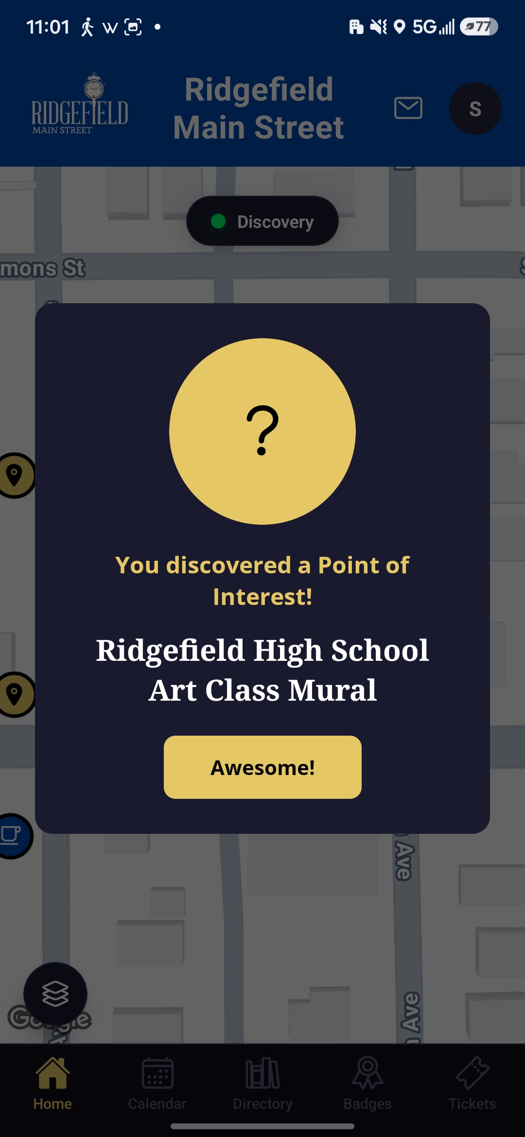 Ridgefield Main Street app - a downtown point of interest with a mural
